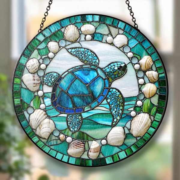 Sea Turtle Stained Glass Suncatcher, Ocean Beach Ornament