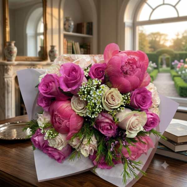 Bouquet of pink and cream roses with large pink peonies