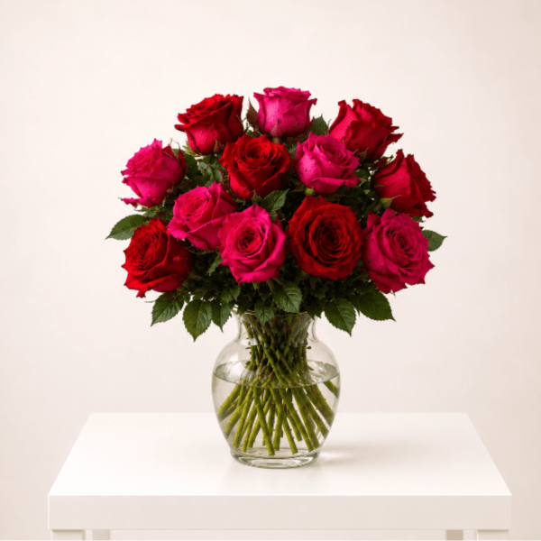 Fuchsia & Red Rose Garden in Clear Vase