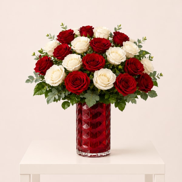 Timeless Romance Red & White Rose Arrangement