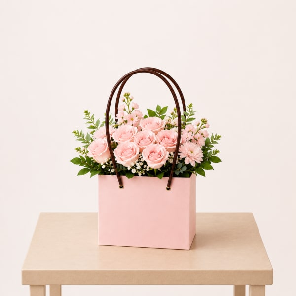 Pink roses and daisies arranged in a pink gift bag with handles