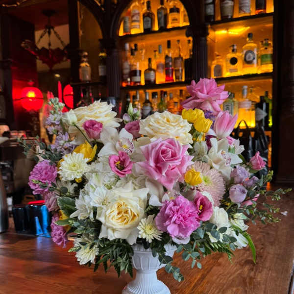 Endless Summer arrangement- Hydrengeas, garden roses, stock, orchid