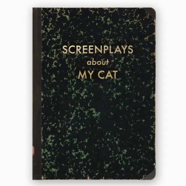Black marbled notebook titled "Screenplays about My Cat"