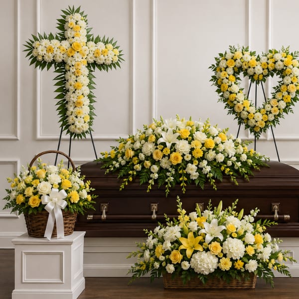 Sympathy floral set with yellow and white arrangements around a casket