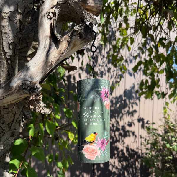 Hanging memorial wind chime with floral and bird design