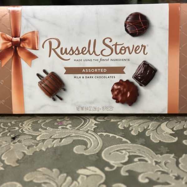 Box of assorted Russell Stover milk and dark chocolates