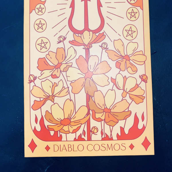 Illustrated tarot-style card with flowers and a trident
