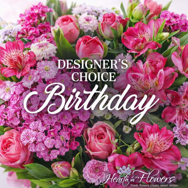 Pink birthday bouquet with roses, tulips, and alstroemeria