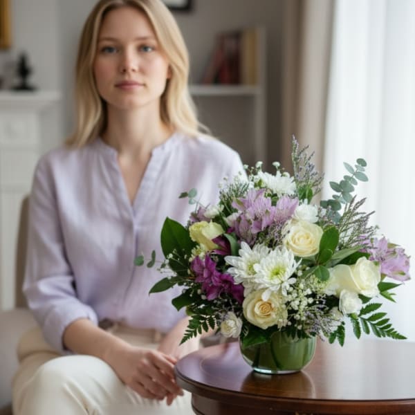 Bouquet of white and lavender flowers in a green glass vase