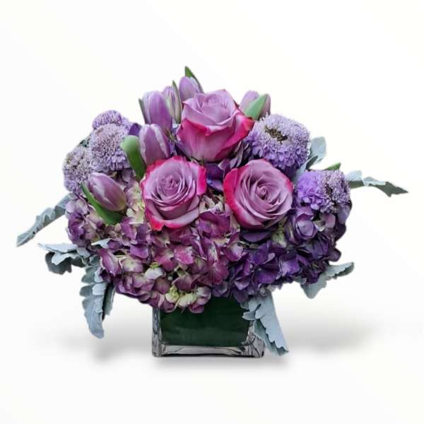 Purple roses and hydrangeas arranged in a square glass vase