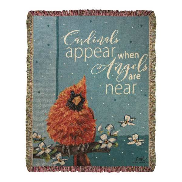 Woven blanket with a cardinal and the words "Cardinals appear when Angels are near"