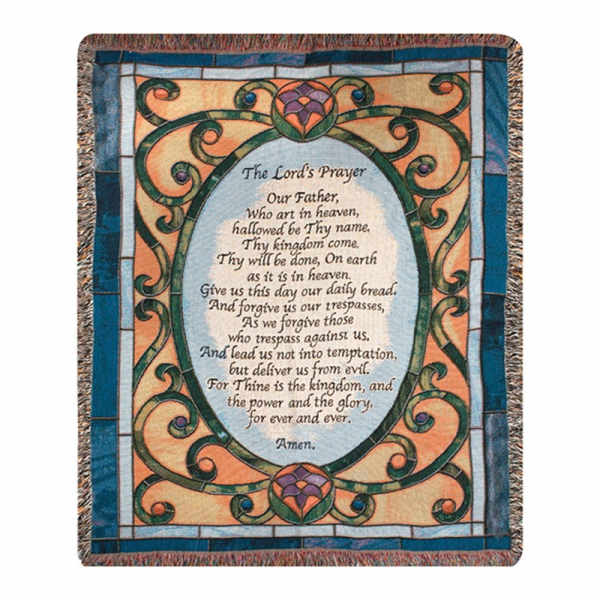 Decorative woven throw blanket with The Lord's Prayer text