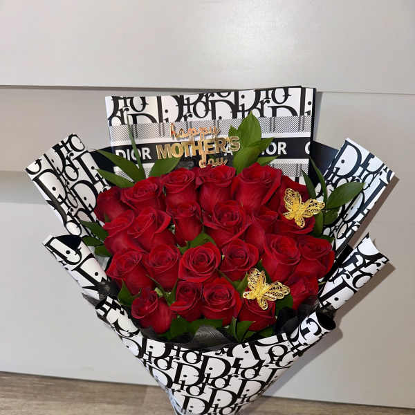 ELEGANT DIOR DESIGN, SELECT ROSES, HAPPY MOTHER'S DAY ACRYLIC TOPPER, 2 GOLDEN METAL BUTTERFLIES, DESIGNER PAPER (3 available)