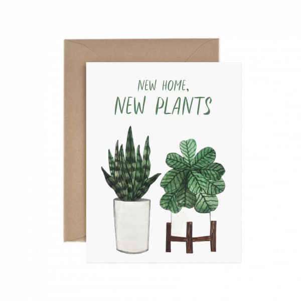 Greeting card with potted plants and the words New Home, New Plants