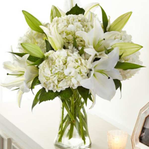 White lilies and hydrangeas arranged in a clear glass vase