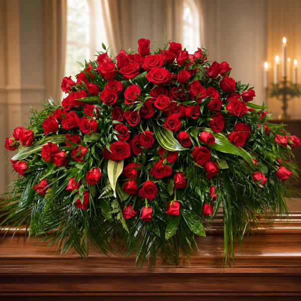 Regal Red Rose Casket Piece by Petal Perfection