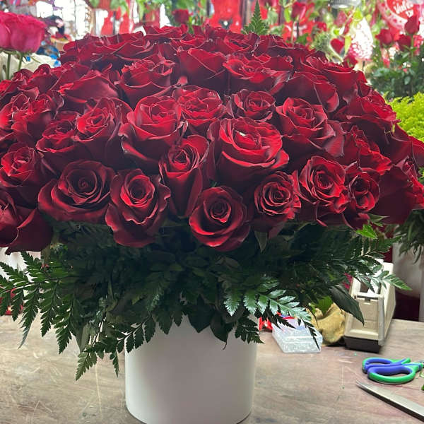 Large bouquet of red roses in a white vase with fern foliage