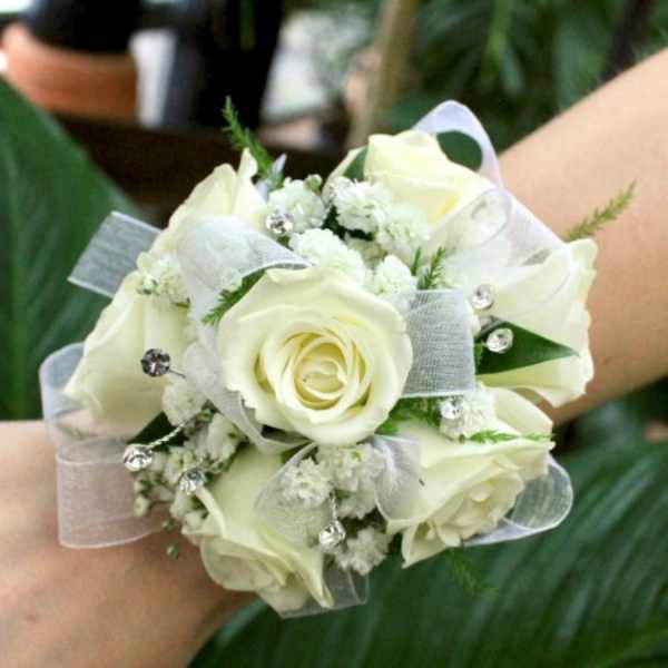 White rose wrist corsage with ribbon and small crystal accents