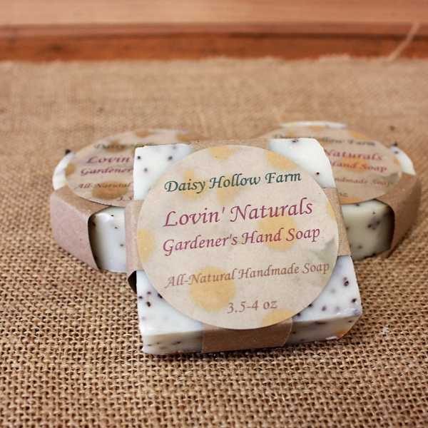 Wrapped bars of handmade soap with garden-themed labels