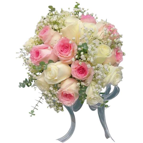 Bouquet of pink and white roses with baby's breath