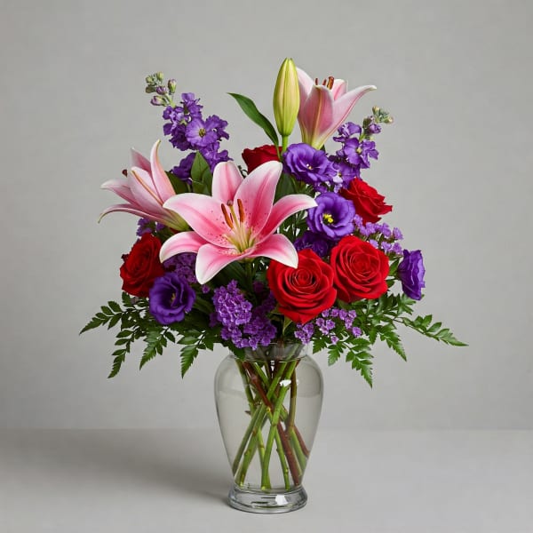 Pink lilies and red roses arranged in a clear glass vase