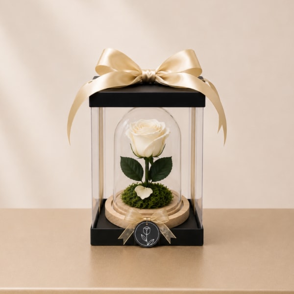 Single white rose under a glass dome with a gold ribbon bow