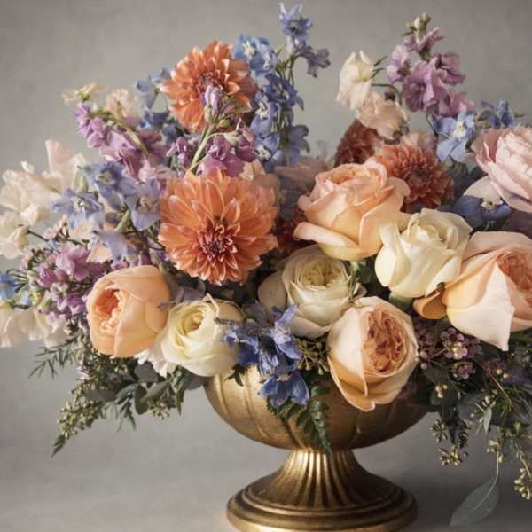 Bouquet of peach roses, orange dahlias, and blue-purple flowers in a gold vase