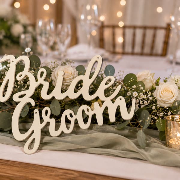 Bride Groom sign surrounded by white roses and greenery on a table centerpiece