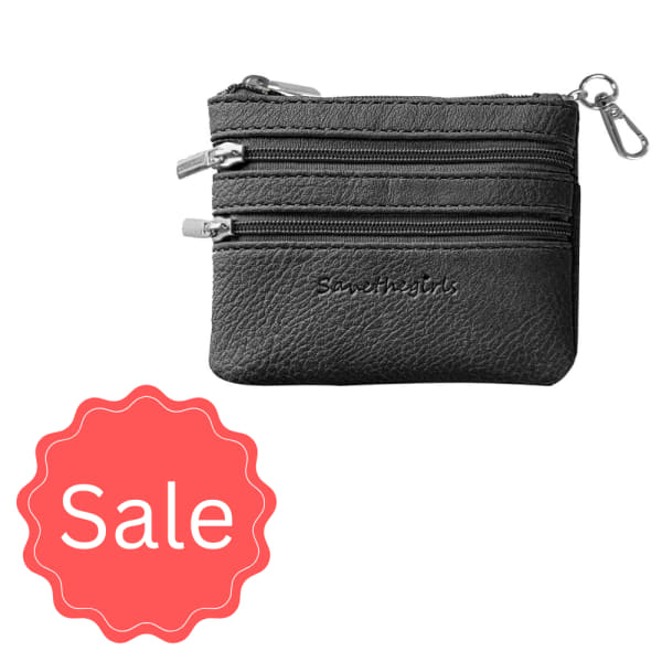 Black zippered key pouch with a sale badge