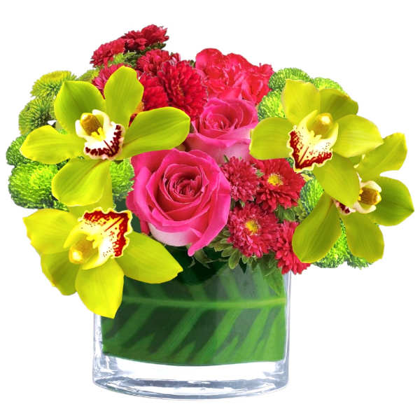 Pink roses and lime orchids in a glass vase