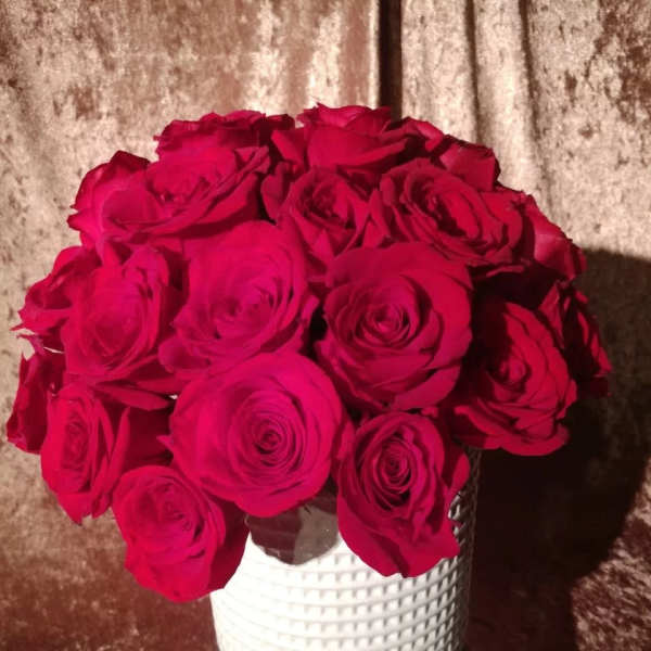 Bouquet of red roses in a white woven vase