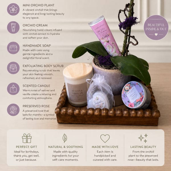 Purple orchid plant gift set with candles, soap, scrub, and cream in a basket
