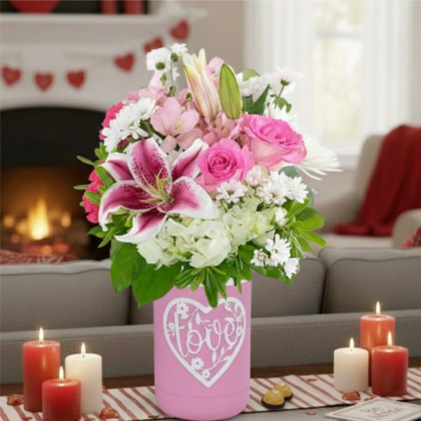 Pink and white mixed bouquet with lilies and roses in a pink love vase on a table