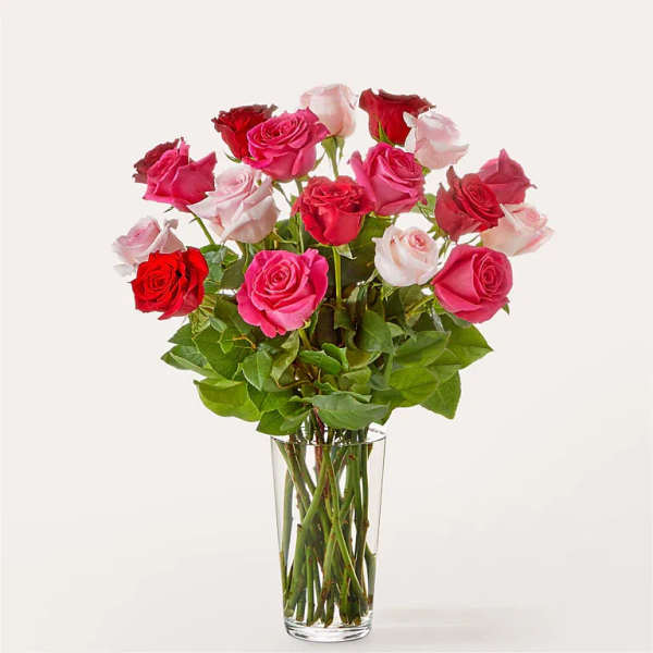 Bouquet of pink, red, and white roses in a clear glass vase