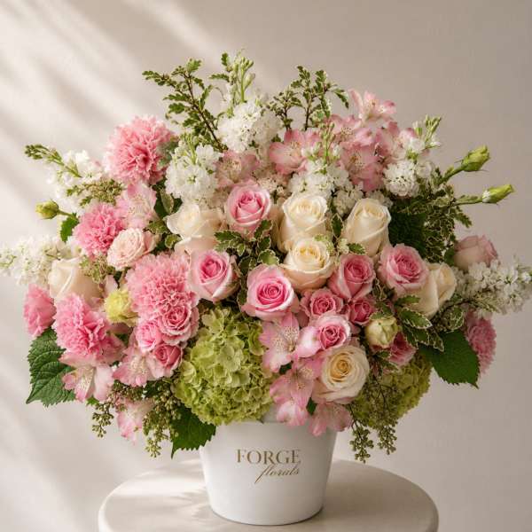 Pink and white floral arrangement in a white container