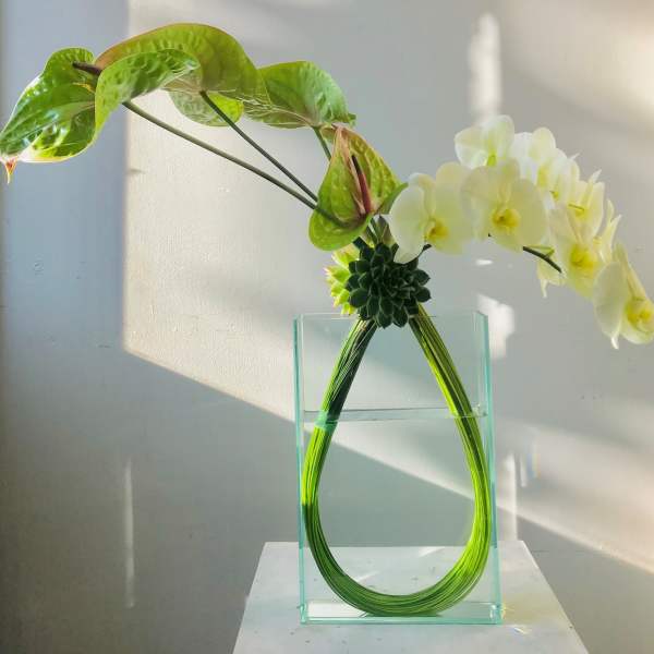 White orchids and green anthuriums in a clear glass vase