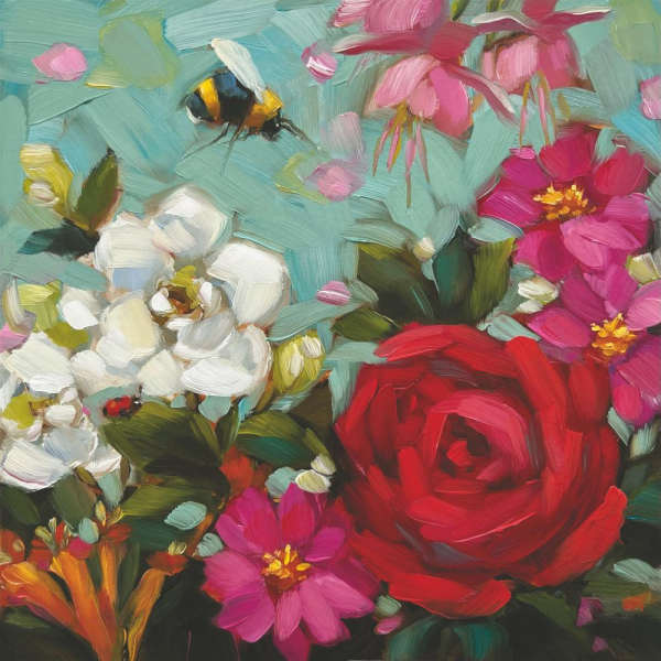 Colorful floral painting with red rose, pink and white blossoms, and a bee against a soft blue background