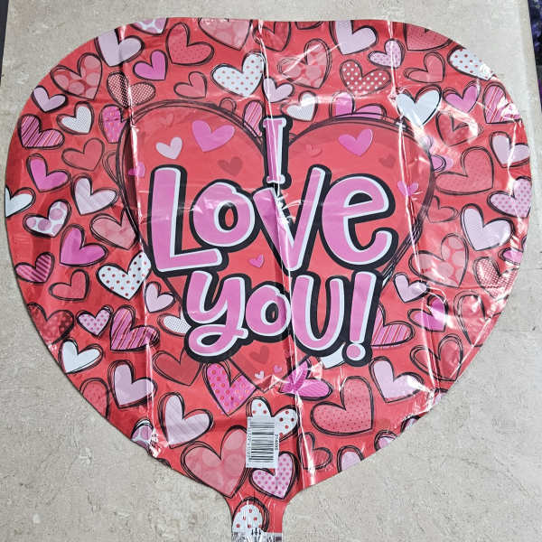 Heart-shaped balloon with "I Love You" text and pink heart pattern