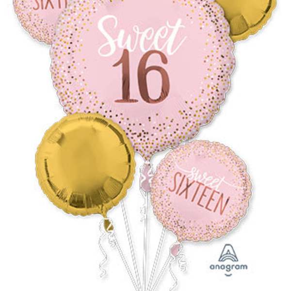 Pink and gold Sweet 16 balloons with confetti dots