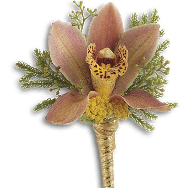 Single orchid boutonniere with gold ribbon wrap