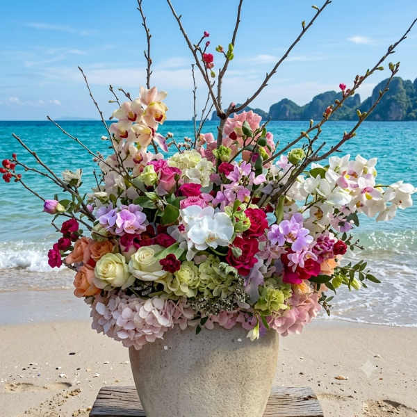 Large floral arrangement in a stone vase with orchids, roses, and hydrangeas