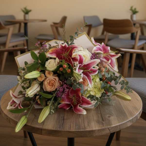 Bouquet of pink lilies and roses on a table