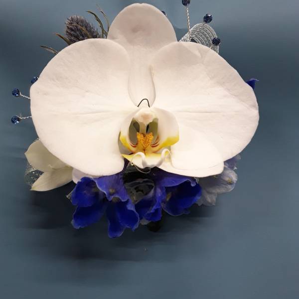 White orchid with blue flowers and decorative accents