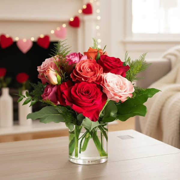 Arrangement of red, pink, and peach roses in a clear glass vase on a table