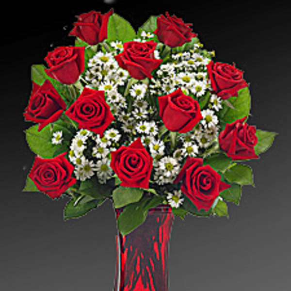 Red roses and white daisies in a red glass vase