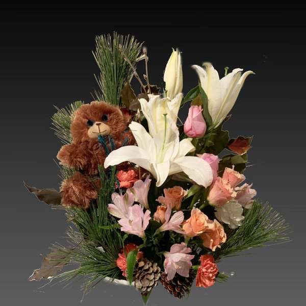 Bouquet with white lilies, pink roses, and a teddy bear