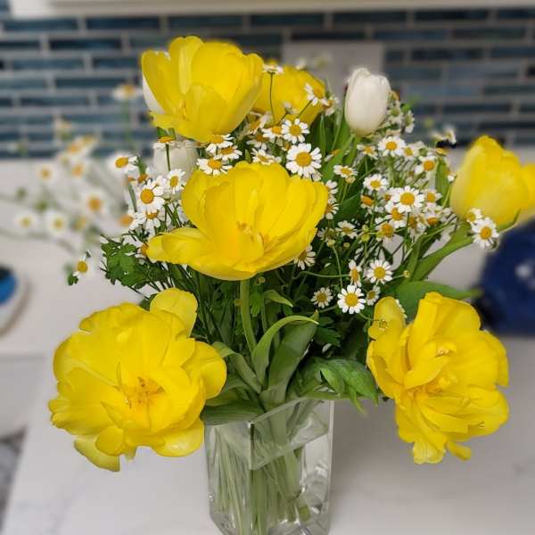 Yellow tulips and white daisies in a clear glass vase