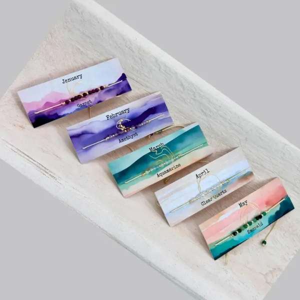 Set of beaded birthstone hair pins on labeled cards