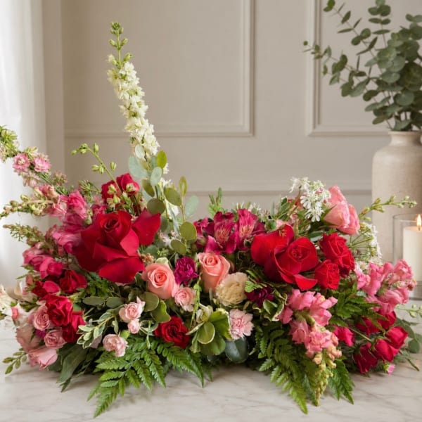 Low floral arrangement with red and pink roses and white blooms