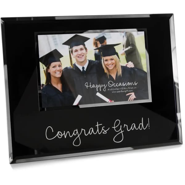 Black graduation photo frame with a sample graduation picture and "Congrats Grad!" text
